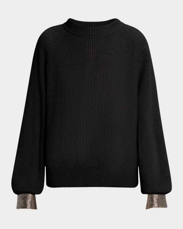 Monili-Cuff Cashmere Rib Crewneck Sweat